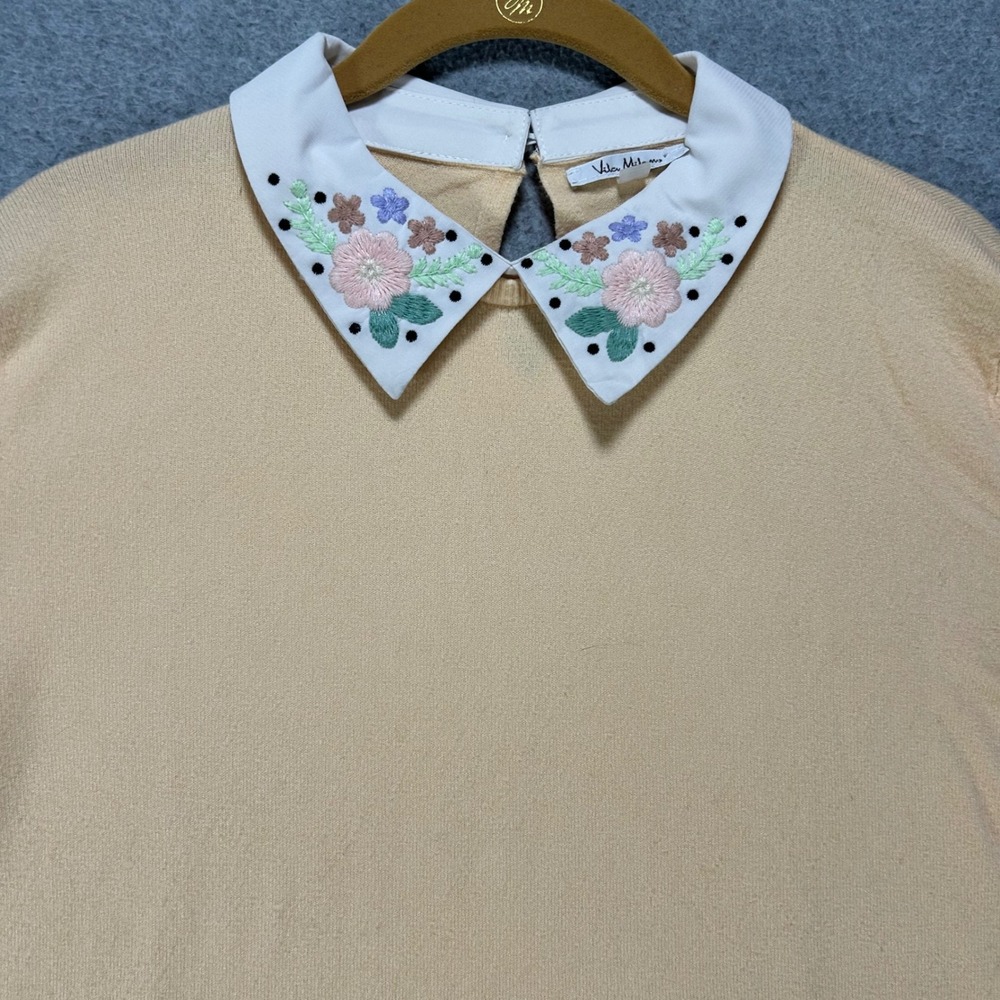 Vila Milano Sweater Pullover Womens L Peach Embroidered Floral Preppy Coquette